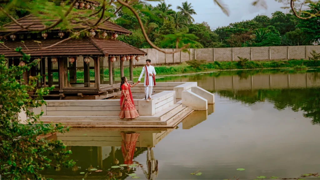 bride and groom looking at each other on trivandrum wedding photography
